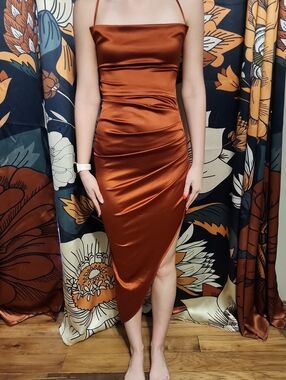 Elegant Asymmetrical Satin Slip Dress in Copper